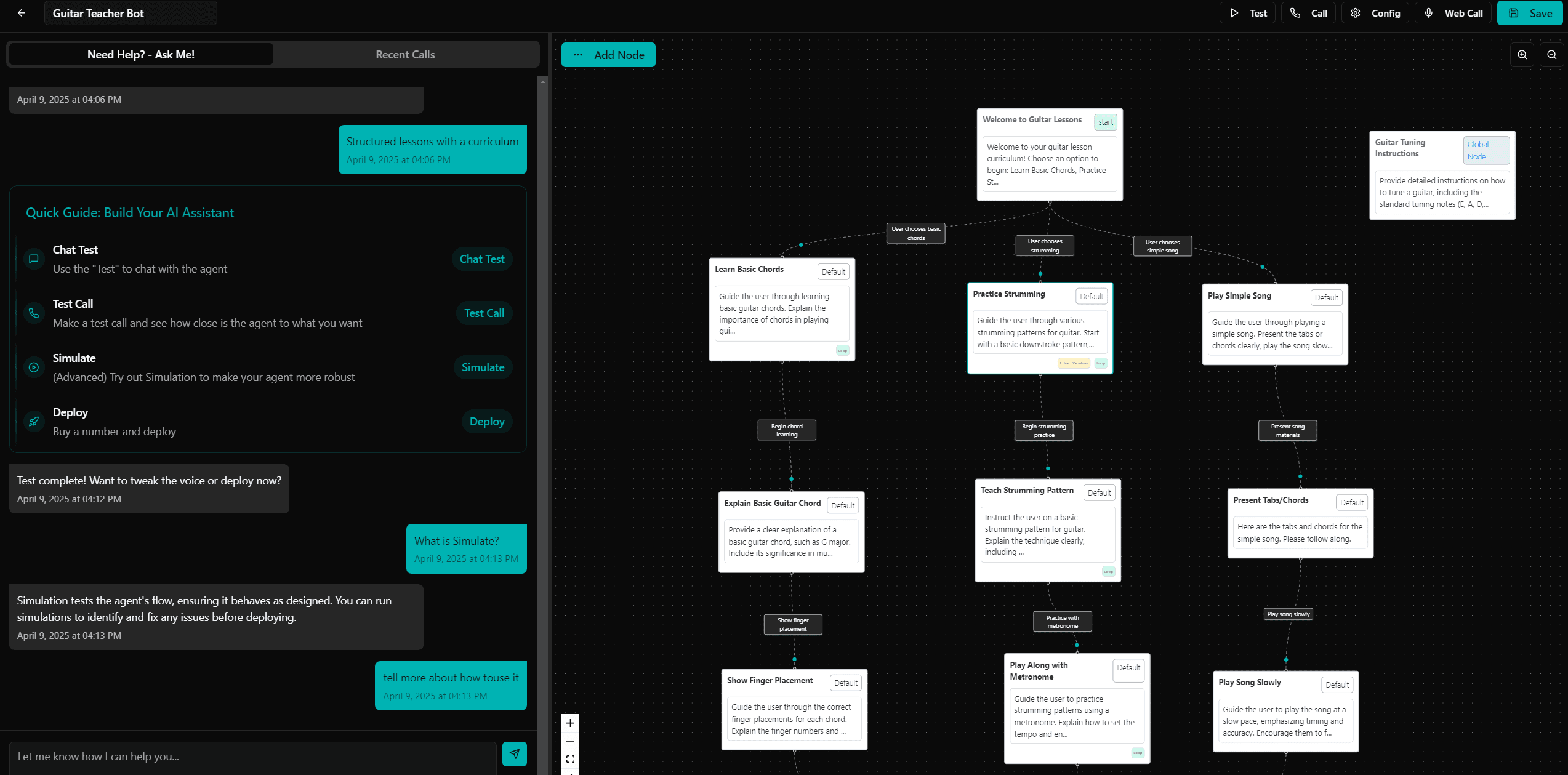 Visual flow builder for a Guitar Teacher Bot